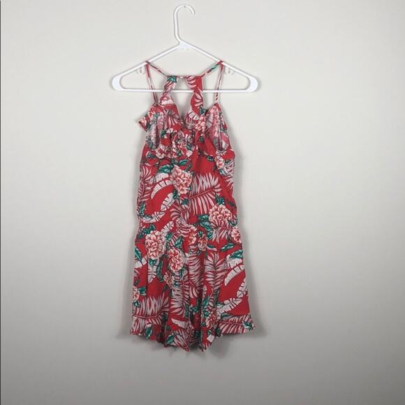 Red Ruffle Romper Tropical Floral - Picture 5 of 9